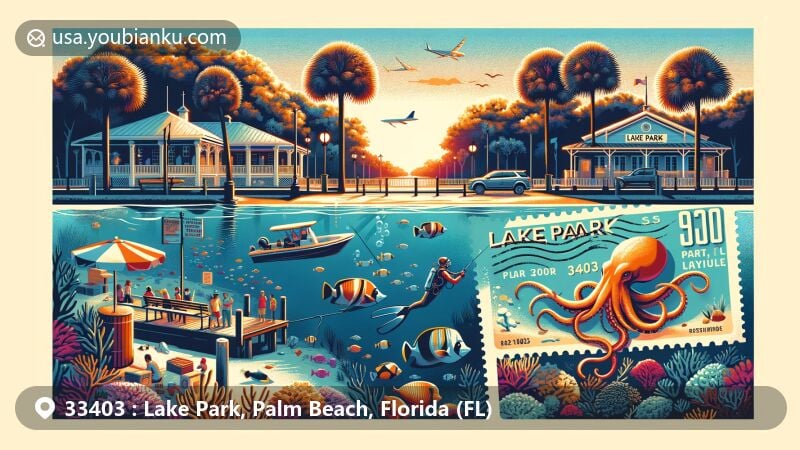 Modern illustration of Lake Park, Florida, featuring John D. MacArthur Beach State Park, Phil Foster Park snorkeling trail, Sunset Celebration at Lake Park Harbor Marina, and Lake Park Town Hall.