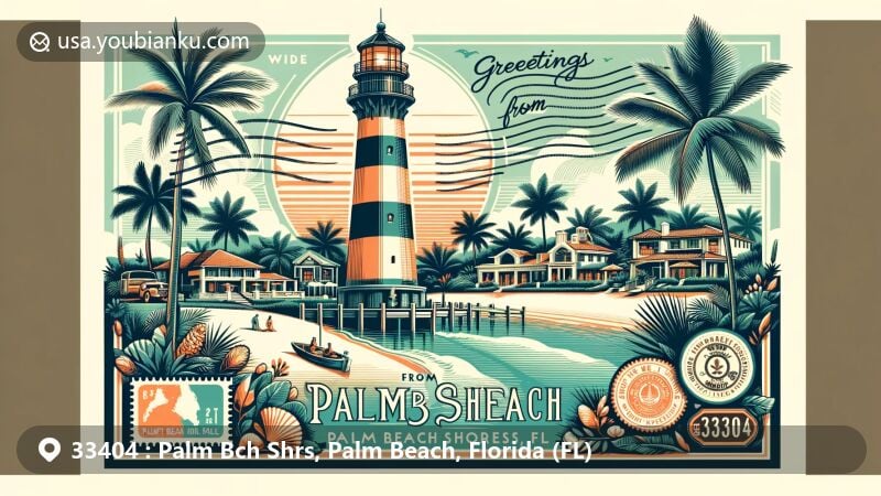 Modern illustration of Palm Beach Shores, Palm Beach County, Florida, highlighting ZIP code 33404, featuring Jupiter Inlet Lighthouse and cultural symbols of the region.