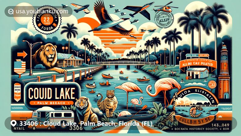Modern illustration of Cloud Lake, Palm Beach, Florida, featuring palm-tree-lined streets, Stub Canal Park activities, Palm Beach Zoo wildlife, Jupiter Inlet Lighthouse, Boca Raton Historical Society, vintage stamps, and Florida state flag.