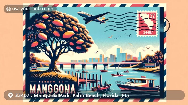Modern illustration of Mangonia Park, Florida, capturing the essence of ZIP code 33407 with Lake Mangonia activities, mango tree silhouette symbolizing town's past, and West Palm Beach skyline. Framed in airmail envelope with postal elements like Tri-Rail train stamp and February 6, 2024 mark.