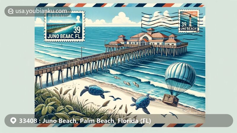 Modern illustration of Juno Beach Pier, the famous landmark in Juno Beach, Florida, representing beauty and postal theme, featuring open air mail envelope with stamps and postmark labeled '33408' and 'Juno Beach, FL', integrated with sea turtles.