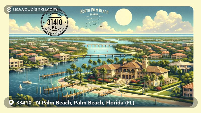 Modern illustration of North Palm Beach, Palm Beach, Florida, highlighting the North Palm Beach Country Club and Intracoastal Waterway, with lush greenery and iconic bridges, in a postcard-style design with postal mark '33410 N Palm Beach, FL'