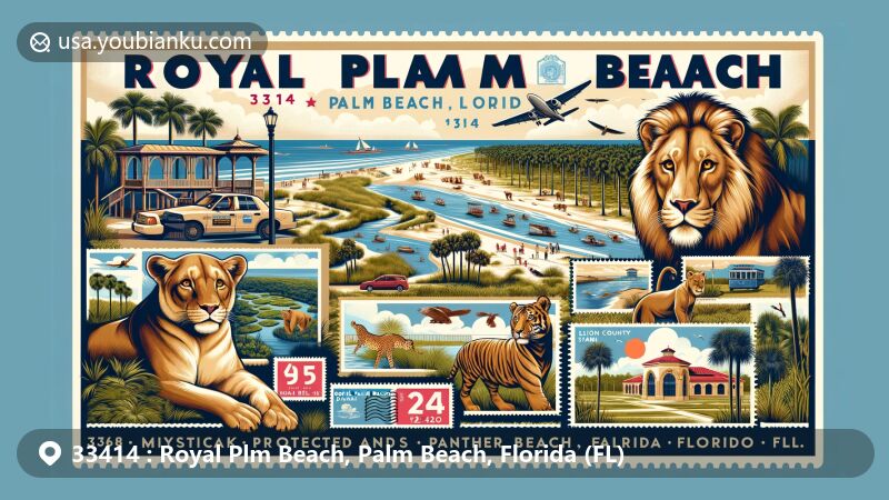 Modern illustration of Royal Palm Beach, Palm Beach County, Florida, highlighting local wildlife sanctuaries, iconic attractions like Panther Ridge Conservation Center and Lion Country Safari, and scenic parks.
