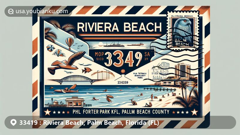 Modern illustration of Riviera Beach, Palm Beach County, Florida, showcasing postal theme with ZIP code 33419, featuring iconic landmarks like sandy beaches, Blue Heron Bridge, and marine life. Includes Palm Beach Maritime Museum and Phil Foster Park for naval heritage and snorkeling. Background hints at Florida state outline, emphasizing Palm Beach County. Vintage air mail stripe pattern and postage stamp with Port of Palm Beach symbolize maritime importance. Creative and inviting depiction of Riviera Beach.