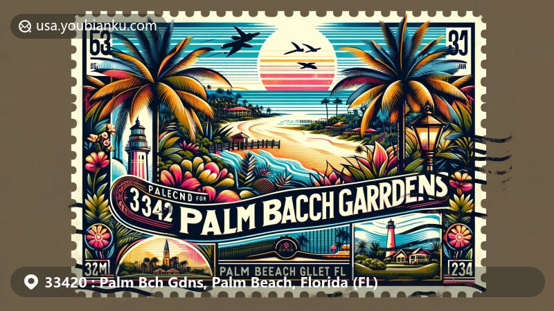 Modern illustration of Palm Beach Gardens, Palm Beach County, Florida, showcasing postal theme with ZIP code 33420, featuring lush tropical landscapes, palm trees, vibrant flowers, Jupiter Inlet Lighthouse, sandy beaches, and Florida state symbols.
