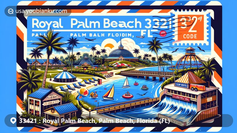 Modern illustration of Royal Palm Beach, Palm Beach County, Florida, capturing scenic beauty and recreational activities like Calypso Bay Waterpark and Village Golf Club, with a palm tree symbolizing natural allure.