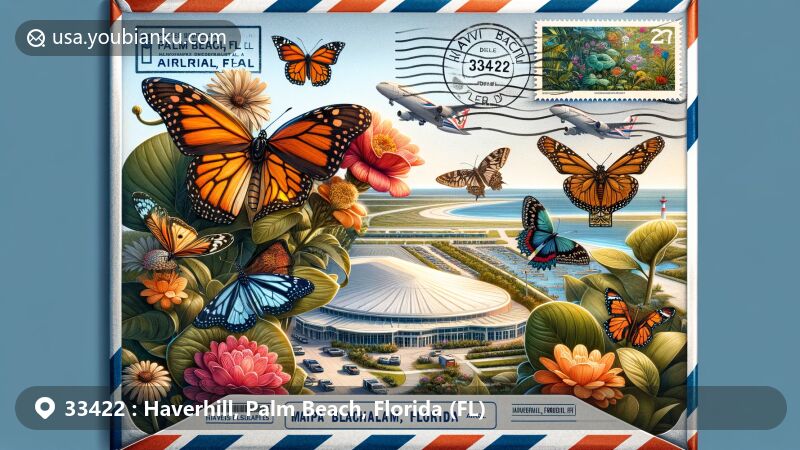 Modern illustration of Haverhill, Palm Beach, FL, showcasing Mounts Botanical Garden with butterflies, featuring airmail envelope with ZIP code 33422, Palm Beach International Airport, and Florida state flag.