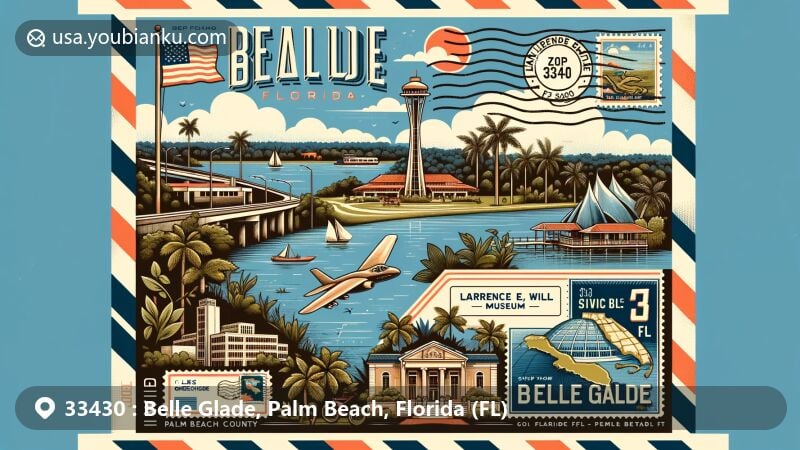 Modern illustration of Belle Glade, Palm Beach County, Florida, combining regional features and postal elements, highlighting Lake Okeechobee, Lawrence E. Will Museum, and Florida state symbols.