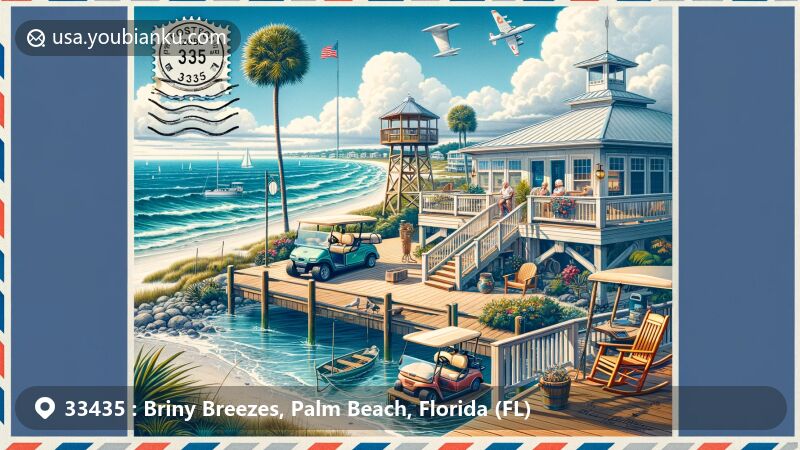Modern illustration of Briny Breezes, Florida, depicting coastal community spirit and postal elements with ZIP code 33435 and Briny Breezes Oceanfront Clubhouse, featuring ocean views, Intracoastal Waterway, and vintage air mail envelope theme.
