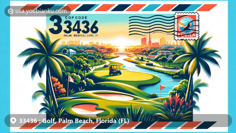 Modern illustration of Golf, Palm Beach County, FL, showcasing postal theme with ZIP code 33436, featuring lush golf course, Florida state flag, and vibrant palm trees.