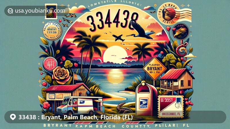 Modern illustration of Bryant, Palm Beach County, Florida, inspired by Lake Okeechobee, featuring vibrant postal theme with vintage airmail envelope, postmark '33438 Bryant, FL', and icons like mailbox and postage stamps.