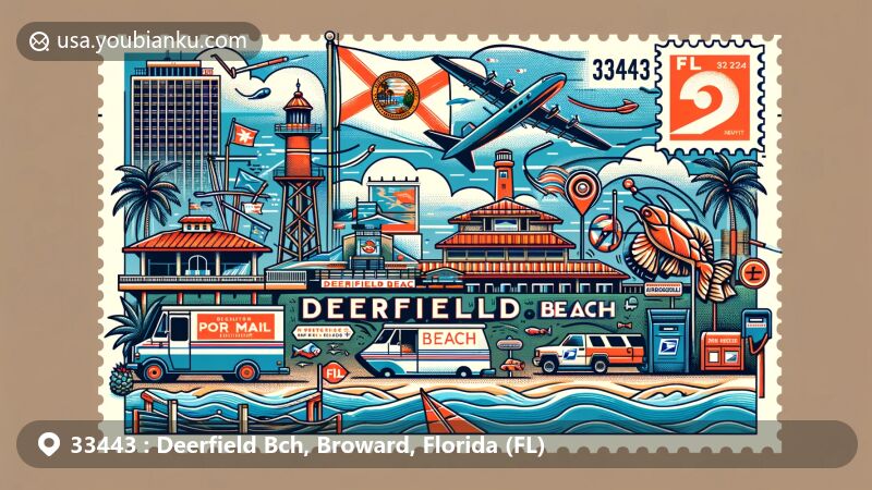 Contemporary illustration of Deerfield Beach, Florida, featuring Deerfield Beach International Fishing Pier, Deerfield Beach Boardwalk, Florida state flag, Broward County outline, and postal motifs with ZIP Code 33443.