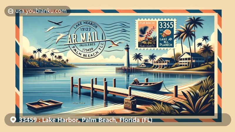 Modern illustration of Lake Harbor, Palm Beach, Florida, resembling a vintage air mail envelope with serene lakeside scene, palm trees, stylized lighthouse, and boat moored at dock, featuring Florida's orange blossom and sabal palmetto tree.