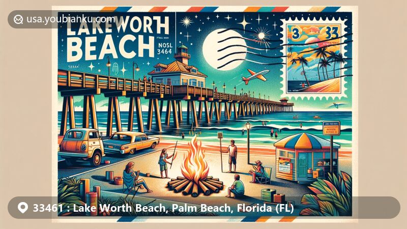 Modern illustration of Lake Worth Beach, Florida, showcasing the iconic wooden fishing pier and the vibrant Street Painting Festival, with a bonfire event and postal theme, featuring local landmarks like Flamingo Clay Studio and Benzaiten Center for Creative Arts.