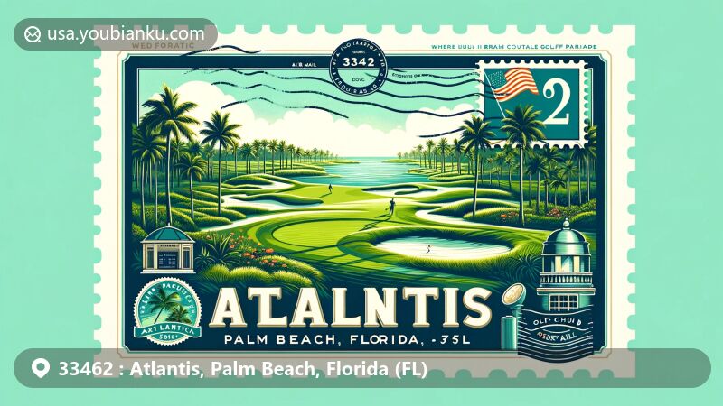 Modern illustration of Atlantis, Palm Beach County, Florida, embodying a country-club community vibe with a lush golf course, palm trees, Florida state flag, and postal elements like stamps and a vintage mail truck, showcasing ZIP code 33462.