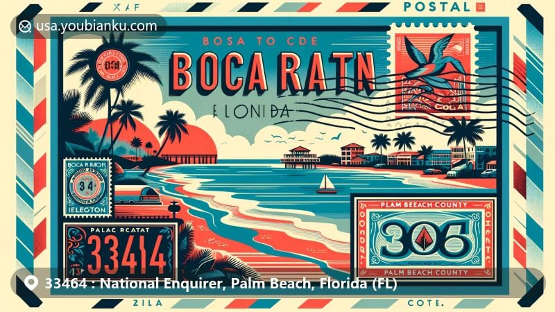 Modern illustration of ZIP Code 33464, Boca Raton, Palm Beach County, Florida, showcasing postal theme with vibrant colors and Florida Gold Coast ambiance, featuring palm trees, ocean views, and symbolic county elements.
