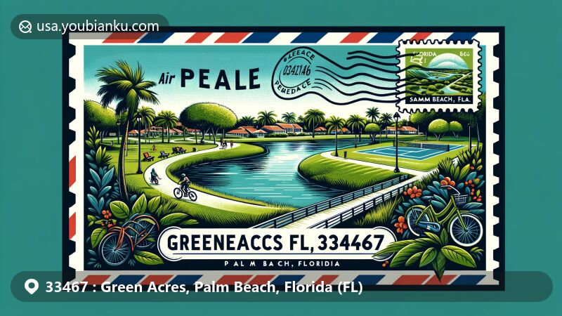 Modern illustration of Greenacres, Florida, showcasing natural beauty and postal theme with ZIP code 33467, featuring Okeeheelee Park lakes and bicycle paths, Samuel J. Ferreri Community Park tennis courts, air mail envelope, and Florida state symbols.