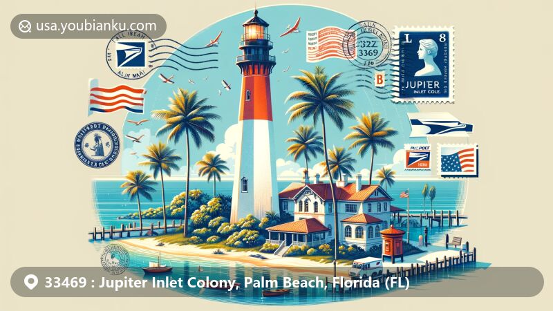 Modern illustration of Jupiter Inlet Colony, Palm Beach, Florida, featuring Jupiter Inlet Lighthouse surrounded by typical Florida coastal scenery with palm trees and crystal-clear waters, incorporating postal elements like postmarks, ZIP code 33469, mailboxes, and mail trucks.