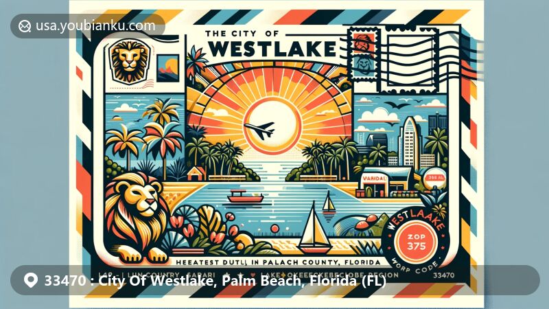 Modern illustration of Westlake, Palm Beach County, Florida, showcasing postal theme with ZIP code 33470, featuring tropical climate with palm trees and sun, Lion Country Safari, Lake Okeechobee region, and agricultural lands.