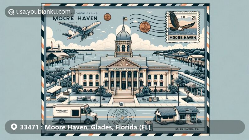 Creative illustration of Moore Haven, Glades County, Florida, resembling an airmail envelope with postal elements like stamp, postmark '33471,' mailbox, and postal van, featuring Glades County Courthouse, Lake Okeechobee, and Ortona Indian Mounds Park.