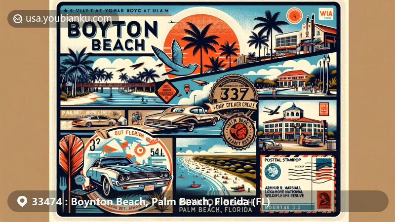 Modern illustration of Boynton Beach, Palm Beach, Florida, featuring vintage postcard frame with Boynton Beach Art District, Loxahatchee National Wildlife Refuge, palm trees, and Florida state flag elements.