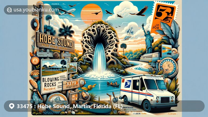 Modern illustration showcasing Hobe Sound, Florida, with Blowing Rocks Preserve geological wonder, Jonathan Dickinson State Park, Jaega tribe heritage, postal symbols like vintage stamp with '33475' and postal truck.