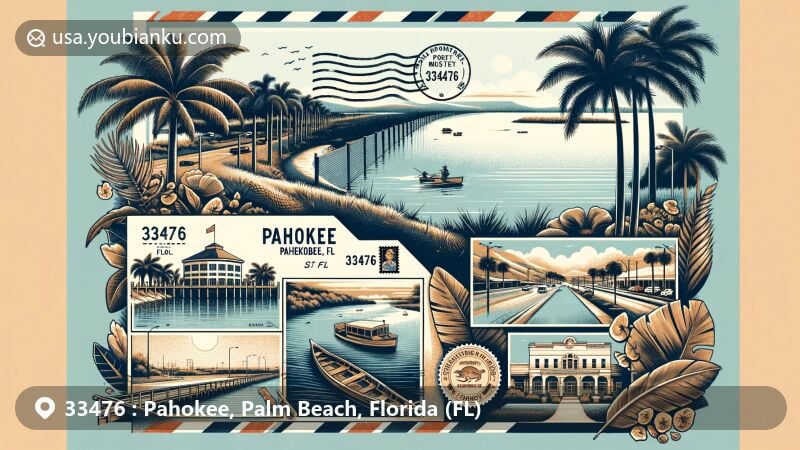Creative illustration of Pahokee, Florida, showcasing postal theme with ZIP code 33476, featuring Lake Okeechobee, royal palm trees, marina, and Herbert Hoover Dike.