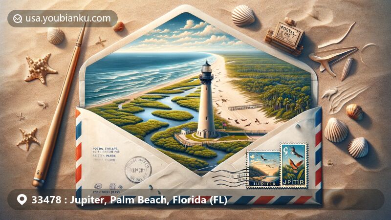 Artistic depiction of Jupiter, Palm Beach County, Florida, featuring postal theme with ZIP code 33478, showcasing Jupiter Inlet Lighthouse, Riverbend Park, mangrove forests, wildlife, and beach scenery.