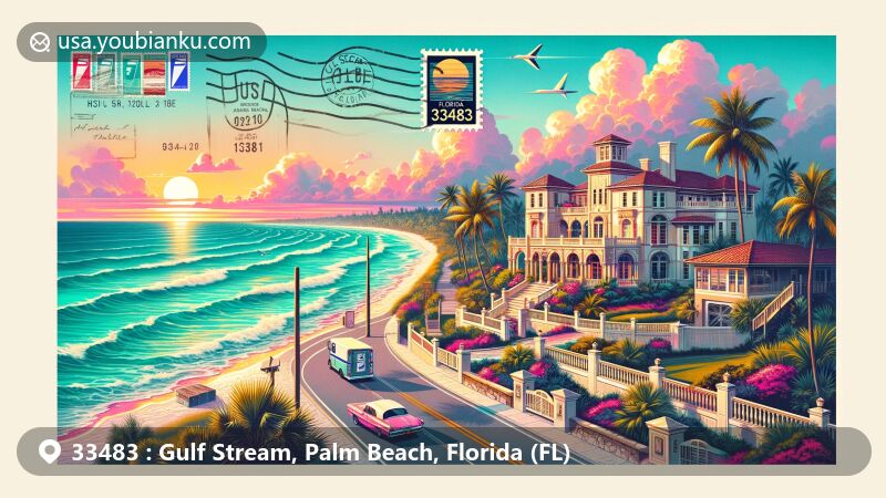 Modern illustration of Gulf Stream, Florida, showcasing the scenic and historic coastal byway along State Road A1A, featuring opulent beachside mansions and Florida symbols.