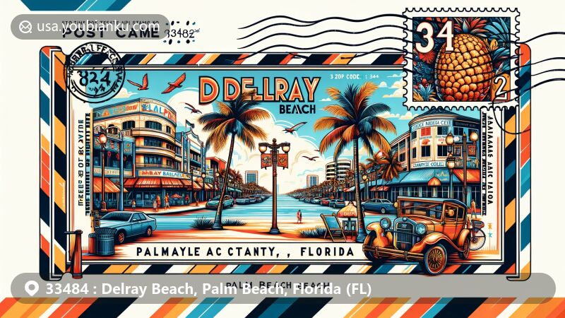 Vibrant illustration of Delray Beach, Palm Beach County, Florida, paying tribute to ZIP code 33484, capturing iconic Atlantic Avenue with restaurants, boutiques, and Pineapple Grove Arts District.