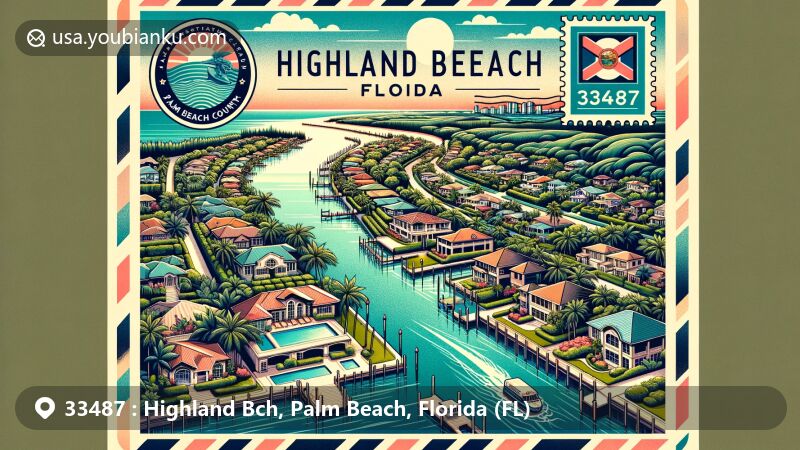 Modern illustration of Highland Beach, Florida, highlighting ZIP code 33487, featuring the Intracoastal Waterway, luxurious homes, lush greenery, Florida state flag, Palm Beach County flag, and a depiction of the state. Aerial view of Highland Beach from the waterway, surrounded by a postal theme mimicking an air mail envelope.