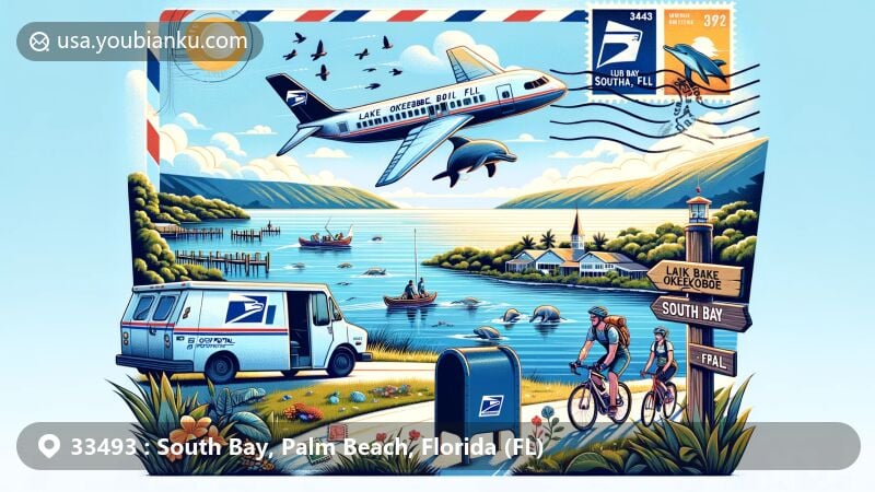 Vibrant illustration of South Bay, Florida, blending natural beauty with postal elements, featuring Lake Okeechobee, cyclists on the Scenic Trail, dolphins, and postal symbols like stamps, postmark, mailbox, and mail van.