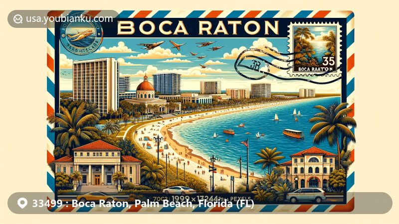 Modern illustration of Boca Raton, Florida, capturing iconic landmarks like The Schmidt Boca Raton History Museum, Mizner Park, white sandy beaches, and clear blue waters, along with postal elements showcasing ZIP code 33499.