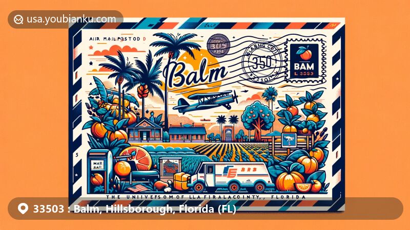 Modern illustration of Balm, Hillsborough County, Florida, showcasing agricultural heritage with citrus farming and University of Florida's Tomato Breeding Program, featuring iconic Florida symbols like palm trees and state flag.