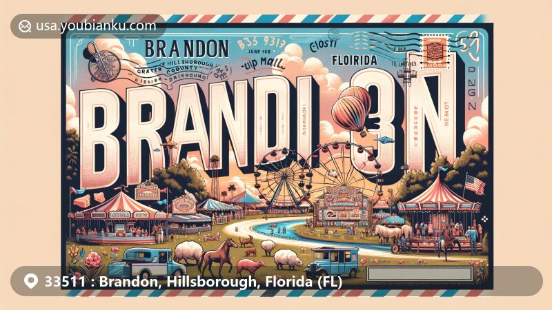 Modern illustration of Brandon, Hillsborough, Florida, highlighting postal theme with ZIP code 33511 and Greater Hillsborough County Fair, featuring carnival rides, cotton candy, and animals.