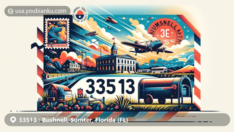 Modern illustration of Bushnell, Sumter County, Florida, depicting ZIP code 33513 with postal elements and regional symbols like Dade Battlefield Historic State Park and Sumter County Historic Courthouse.
