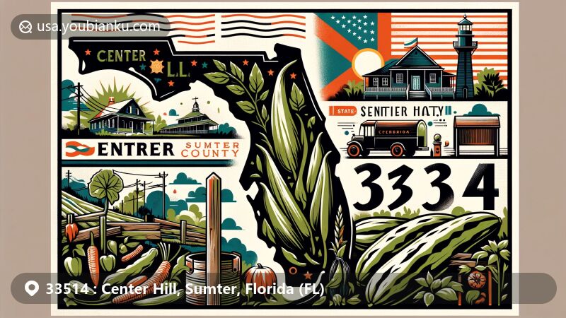Modern illustration of Center Hill, Sumter County, Florida, featuring ZIP code 33514, showcasing a map silhouette of Sumter County, Abraham's Old Town, agricultural elements, and Florida state flag.