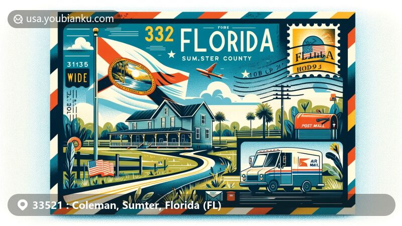 Modern illustration of Coleman, Sumter County, Florida, featuring postal theme with ZIP code 33521, showcasing regional and postal elements in a serene rural setting with Florida state flag.
