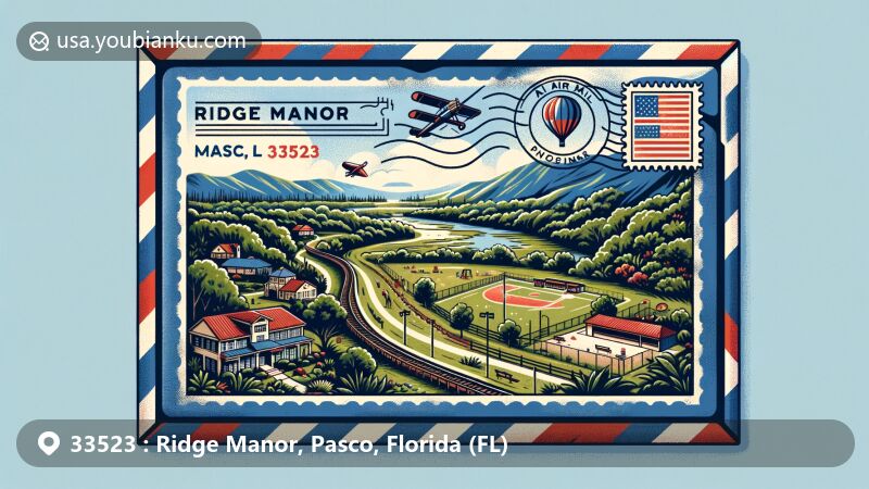 Modern illustration of Ridge Manor, Pasco County, Florida, styled as an air mail envelope for postal code 33523, showcasing Withlacoochee State Trail, Ridge Manor Community Park, and vintage postal elements.