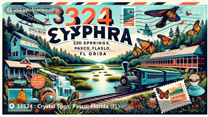 Modern illustration of Crystal Springs, Pasco County, Florida, showcasing postal theme with ZIP code 33524, featuring Crystal Springs Preserve, Zephyrhills Natural Spring Water, and Zephyrhills Train Depot Museum.