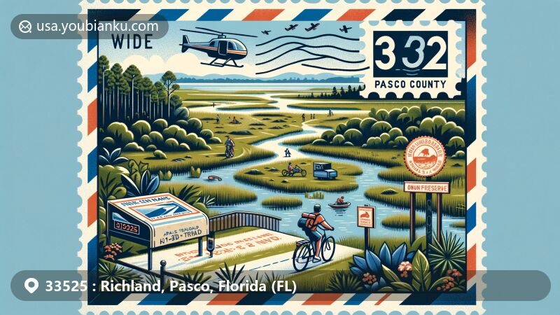 Vibrant illustration of Richland, Pasco County, Florida, showcasing natural beauty and outdoor recreation with Suncoast Trail, Withlacoochee State Trail, Conner Preserve habitats, and postal theme with ZIP code 33525.