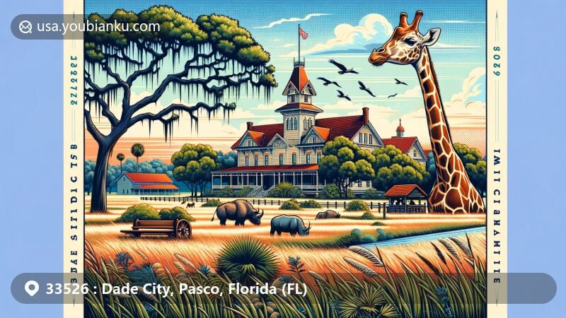 Modern illustration of Dade City, Florida, featuring Pioneer Florida Museum & Village, Giraffe Ranch, and Dade City Heritage and Cultural Museum, set against a backdrop of Florida's grasslands and live oaks.