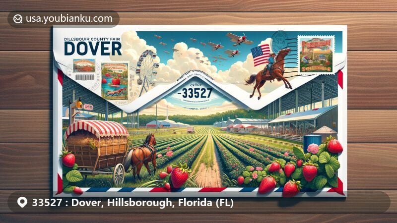 Modern illustration of Dover, Hillsborough County, Florida, capturing rural charm and community spirit, featuring Hillsborough County Fair postcard with rodeo event, strawberry fields, and Florida state flag.