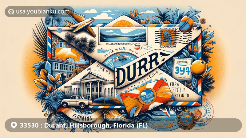 Creative illustration of Durant, Hillsborough County, Florida, melding postal motifs with local charm, highlighting ZIP Code 33530, and featuring iconic elements of Durant and the Florida state flag.