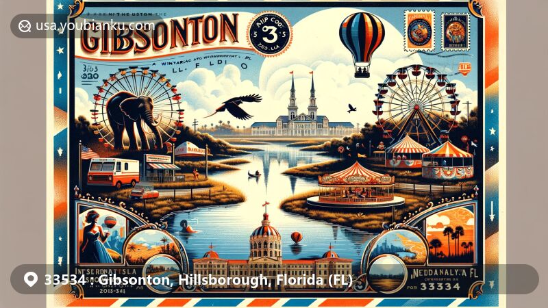 Modern illustration of Gibsonton, Florida, showcasing circus and carnival heritage with iconic symbols like elephants, Ferris wheel, and circus tents, set against Alafia River and lush Florida landscape.