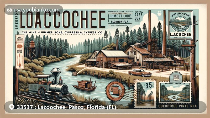 Modern illustration of Lacoochee, Pasco, Florida, with ZIP code 33537, featuring Withlacoochee River, pine and cypress forests, and historical Cummer Sons Cypress Co. sawmill elements.