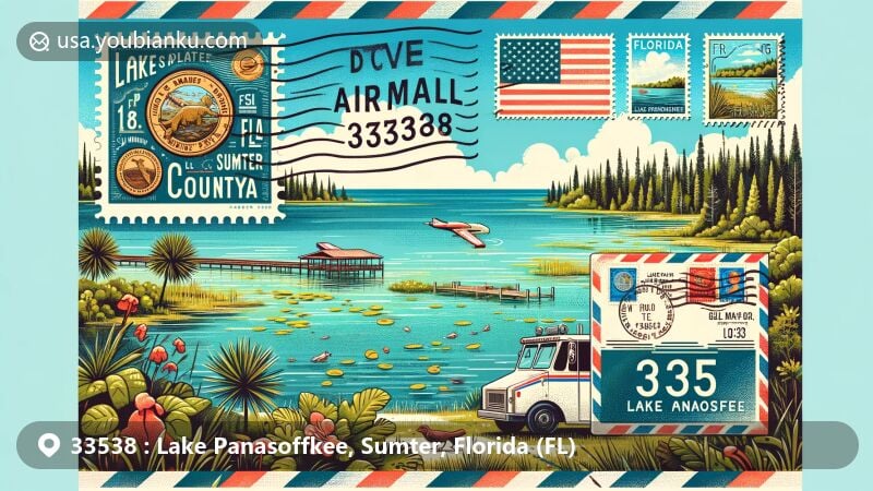 Modern illustration of Lake Panasoffkee, Florida, capturing natural beauty and postal theme with airmail envelope, stamps, and postmark, highlighting Florida state flag and Sumter County symbol.