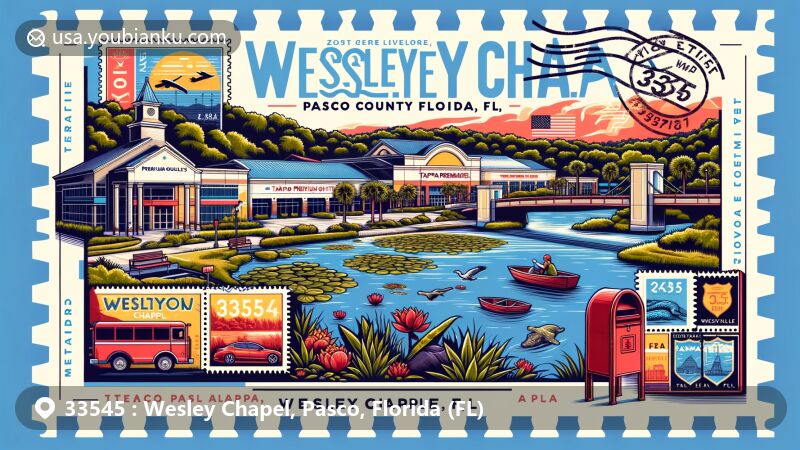 Modern illustration of Wesley Chapel, Pasco County, Florida, featuring postal theme with ZIP code 33545, showcasing Tampa Premium Outlets, Epperson Lagoon, and local landmarks.