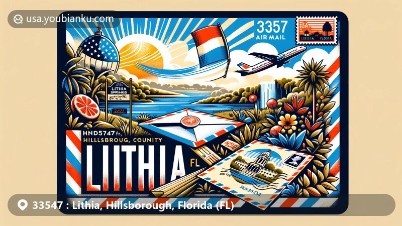Modern illustration of Lithia, Hillsborough County, Florida, combining natural beauty with postal elements, featuring airmail envelope displaying ZIP code 33547 and stamp of Lithia Springs Park.