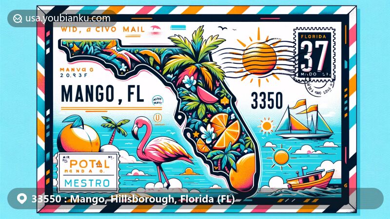 Modern illustration of postcard from Mango, Florida, designed as air mail envelope with ZIP code 33550, showcasing iconic state symbols like palm trees, sunshine, and beaches.